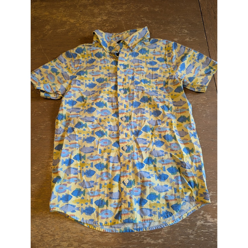 Janie and Jack Boys Yellow Fish Print Short Sleeve Button Down Shirt Size 8